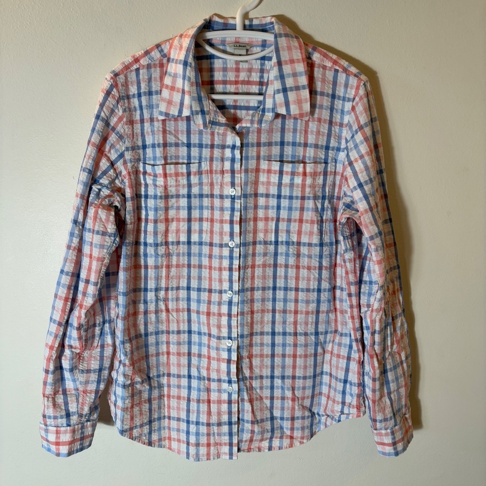 L.L. Bean Seersucker Plaid Button Down Shirt Size Medium Blue Pink
